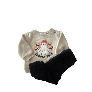 Mini Bean‎ Halloween Bats Ghost Spooky Dude Beige Sweatshirt & Black Joggers 12m